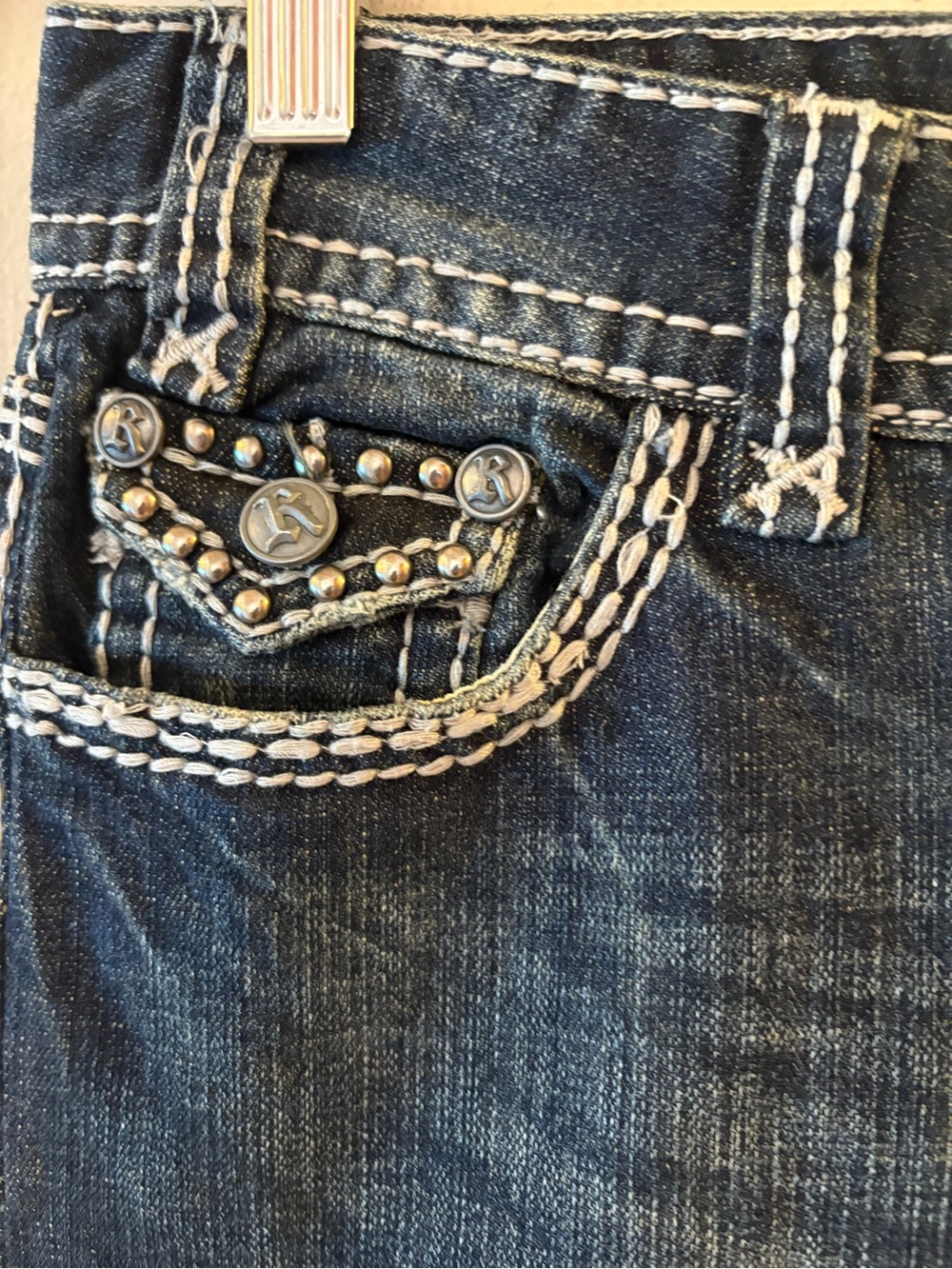 Rock & Roll Cowgirl Rhinestone Flap low rise Pocket Bootcut Jeans Size 27. - Picture 4 of 16